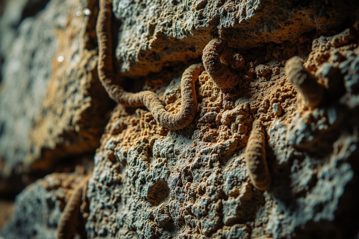Galeries-tubes de termites sur un mur en pierre